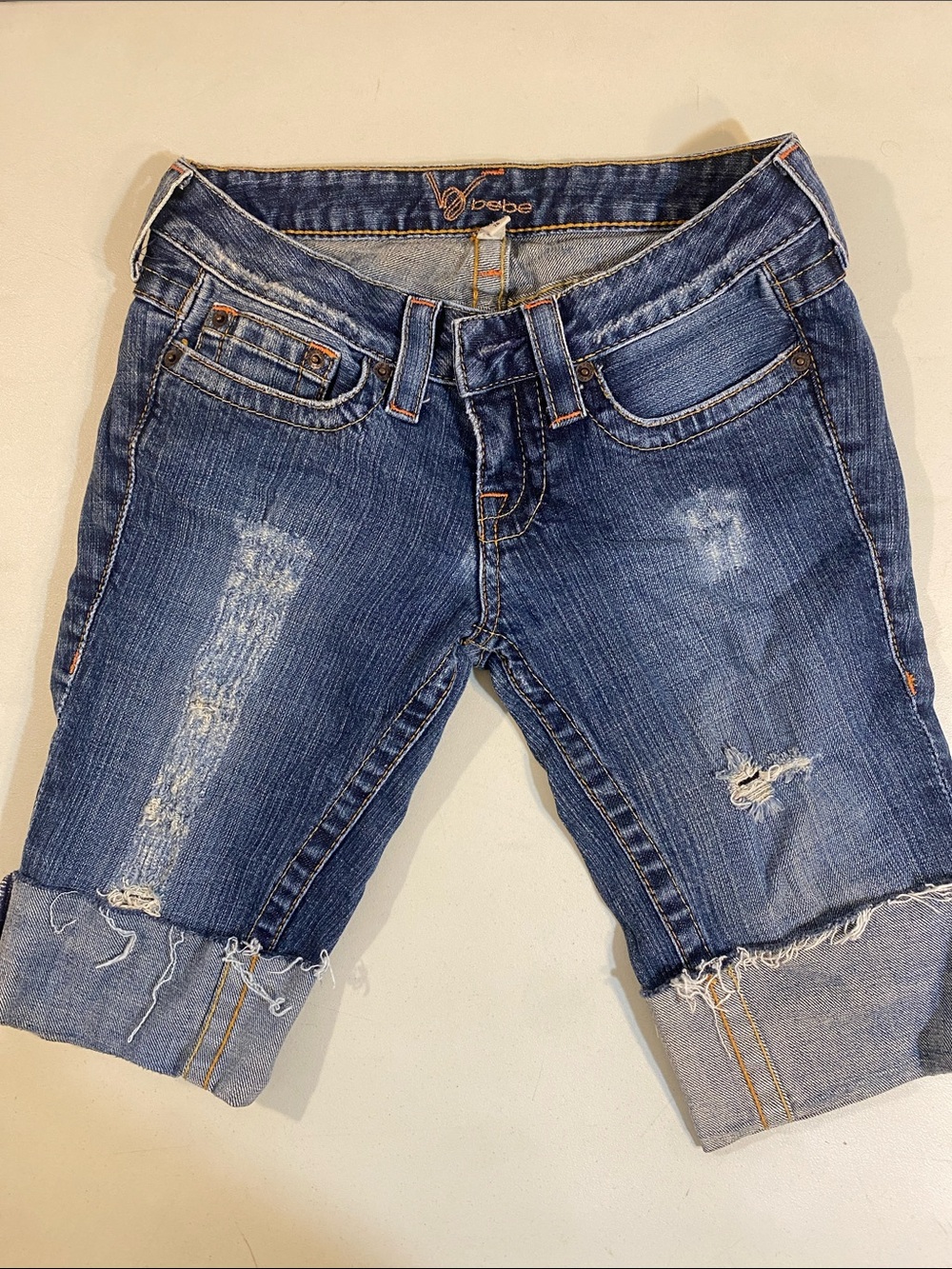 bebe Distressed Dark Blue Denim Jean Shorts